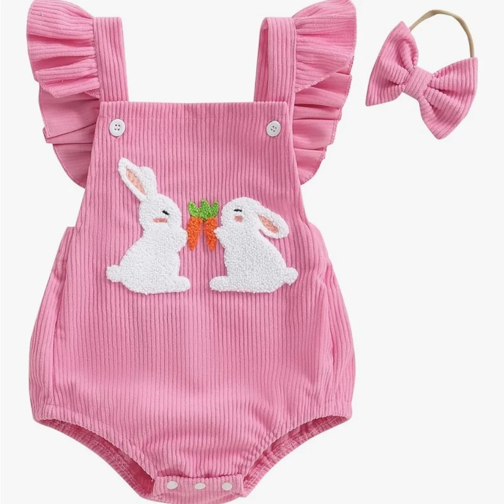 NEW Pink Baby Bubble Easter Romper with Embroidered Bunny & Carrots 6-12 Months